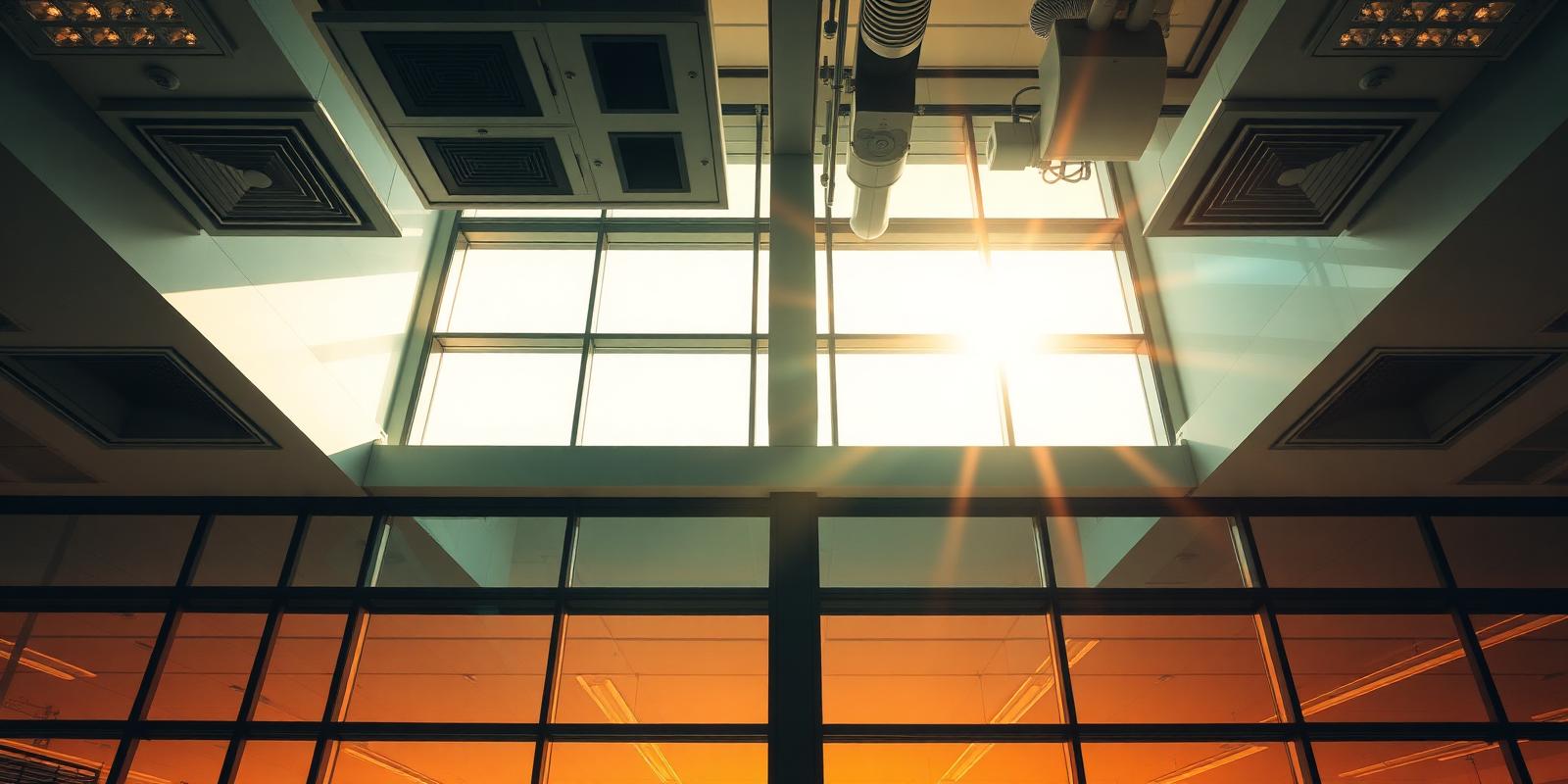 Bureaux en période de canicule : lumière solaire intense et diffuseurs de climatisation au plafond