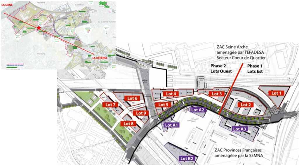 Situation urbaine du projet et plan de masse des deux phases du projet Nanterre Cœur Université, Paris la Défense 2013